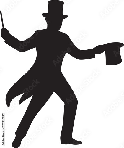 Magician silhouette vector performing tricks, magical show and entertainment illustration design.