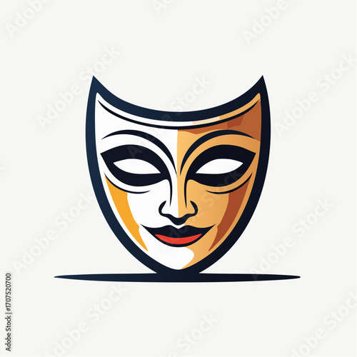 Elegant theatrical mask represents drama and performance art with stylized features and vibrant colors on a clean white canvas, evoking mystery and intrigue.
