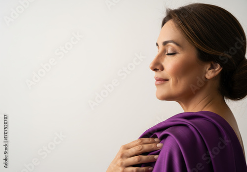 A graceful portrait of Lydia, the biblical seller of purple. A concept of faith, business, hospitality, and generosity. Minimalist high-key composition with ample copy space.