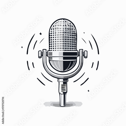 Vintage microphone stands prominently against a white backdrop, radiating sound waves and evoking a sense of nostalgia for classic broadcasting equipment.