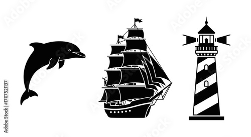 Black and white illustrations of a dolphin, a sailing ship, and a lighthouse.