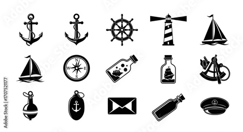 A collection of nautical and maritime-themed icons, including anchors, ships, a compass, a lighthouse, and a captain's hat.