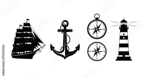 Silhouette collection of nautical elements, including a sailboat, anchor, compasses, and a lighthouse.