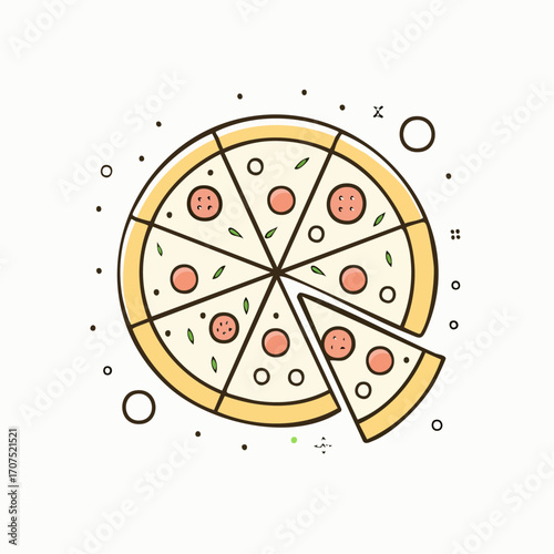Delicious pizza with pepperoni and herbs sits on a white surface, with one slice removed, inviting and appetizing.