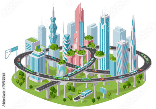 Futuristic Cityscape with Elevated Highway System.