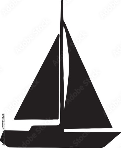 Sailboat silhouette vector on calm water, nautical adventure and marine travel illustration.