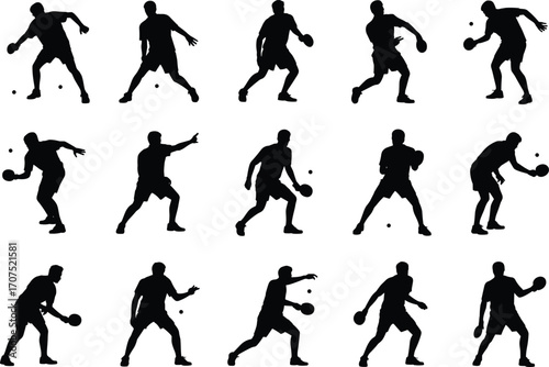 Table tennis silhouette set, ping pong action, paddle swing pose, black vector, sports movement, ball trajectory, athlete icon