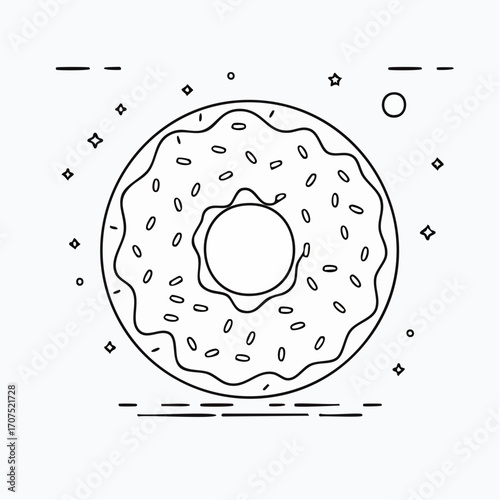 Outline donut with sprinkles sits centered on a white surface, simple and clean food presentation, minimalist aesthetic.