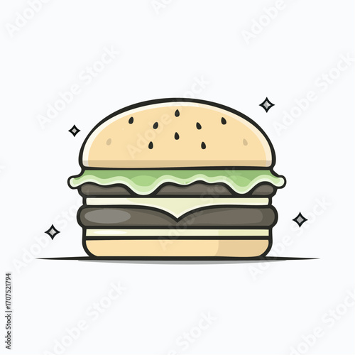 Delicious burger with fresh ingredients sitting on a white surface, showcasing its layers and inviting taste, creating a mouthwatering sensation.