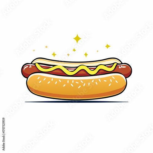 Hot dog with mustard sits on a white surface with sparkling stars, representing a delicious and tempting fast food treat.