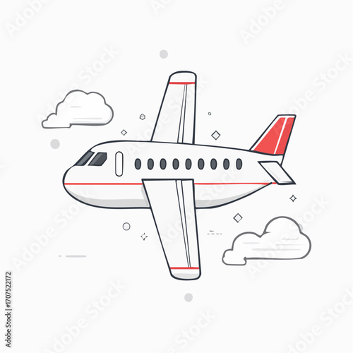 Airplane soars through the sky amidst fluffy white clouds, symbolizing travel and adventure on a bright, cheerful day.