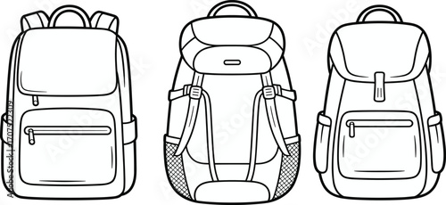 Backpack vector illustration set, school and travel bag line art, front and back view, detailed outline drawing collection