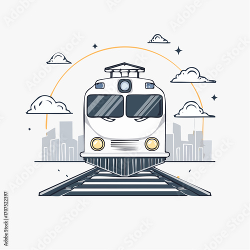 Train travels on railroad tracks towards city skyline under cloudy sky, showcasing modern transportation and urban connectivity in minimalist style.
