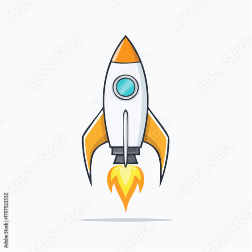 Rocket ship soars upward against a white backdrop, propelled by vibrant flames, symbolizing exploration and technological advancement with a sense of wonder and excitement.