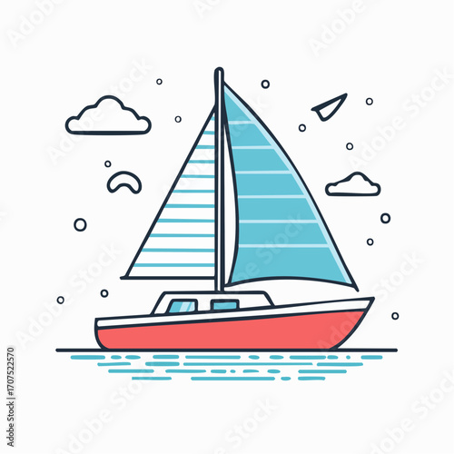 Sailboat glides across calm blue water under a sunny sky, creating a peaceful and serene nautical scene with a minimalist aesthetic.