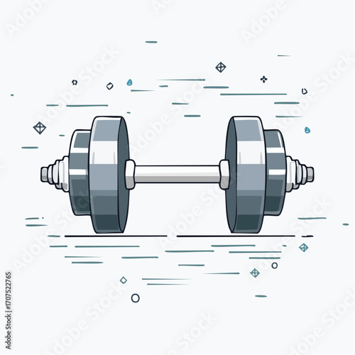 Gray dumbbell rests on the floor in a gym, ready for a workout, symbolizing fitness and healthy lifestyle.