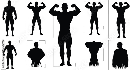 Silhouette set of muscular male bodybuilders posing in competition, showcasing strength, fitness, flexing, bodybuilding stances, gym training, and athletic physique