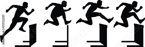 Silhouette sequence of athlete running and jumping over hurdle, sports action vector, track and field competition, fitness training concept illustration