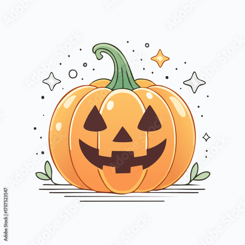 Orange pumpkin with carved face sits surrounded by stars and leaves, symbolizing the spooky and festive spirit of Halloween.