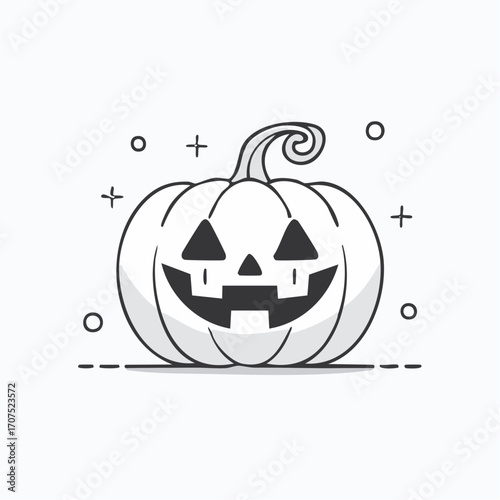 Carved pumpkin smiles cheerfully, sitting on a surface with decorative elements, evoking a spooky yet playful halloween mood.