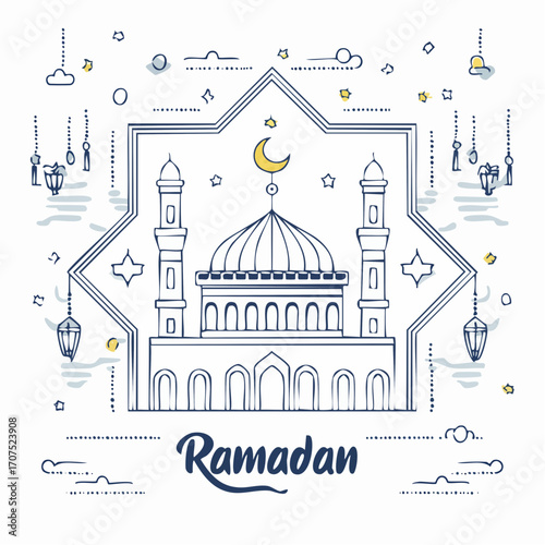 Mosque stands tall with crescent moon above, adorned with lanterns and stars, celebrating Ramadan in a serene and spiritual atmosphere.