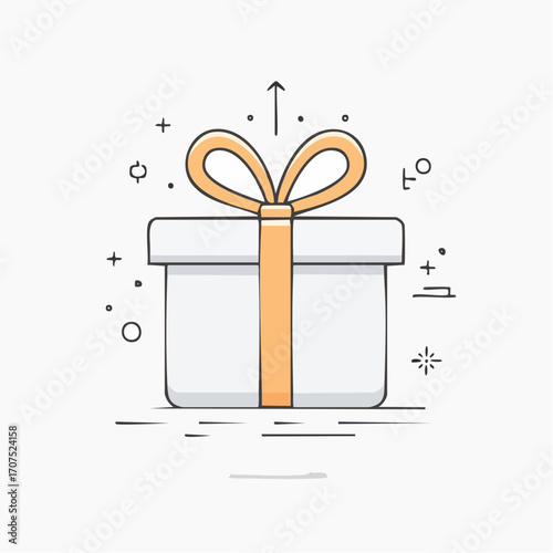 White gift box with gold ribbon floats upwards amidst sparkling decorations, symbolizing celebration and joy.