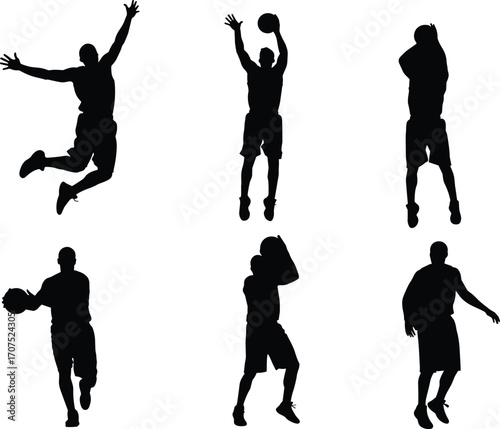 Dynamic basketball player silhouettes in action poses, dribbling, shooting, jumping, passing, sports motion vector illustration for athletic training and competition themes
