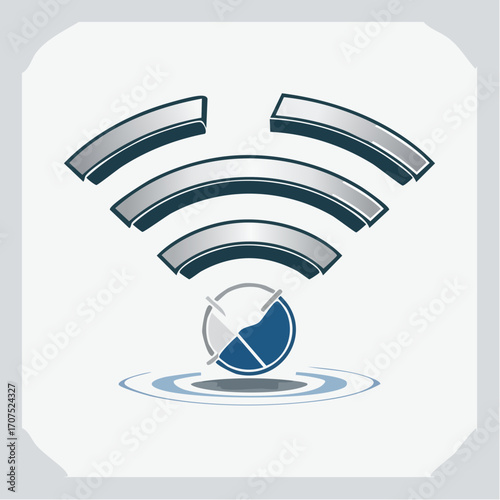 Abstract wifi symbol emitting signal over circular base with metallic texture on white backdrop, conveying modern technology and connectivity.