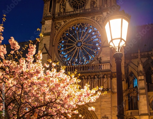 Evening view of a Gothic cathedral facade, highlighting a rose window, lit by a streetlamp, with cherry blossoms in the foreground
