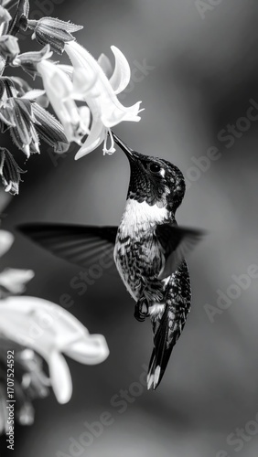 Detailed monochrome shot of a hummingbird feeding from white flowers, wings blurred, against a soft-focus background