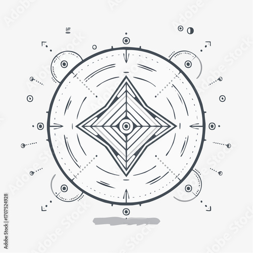 Geometric symbol floating in ethereal space with intricate line work and celestial details creating a mystical and spiritual atmosphere.
