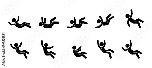 Set of 8 stickman falling poses vector icons. Human figure silhouette in various positions of accident, slip, trip, stumble, and free fall. Safety hazard pictogram for warning, danger, risk prevention