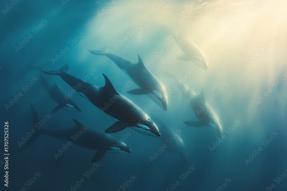 Fototapeta premium Majestic orcas in underwater hunt amidst sunlit ocean depths