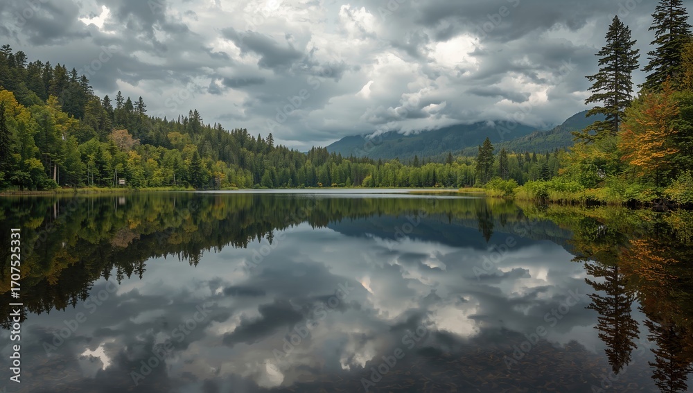 Fototapeta premium Serene landscape featuring a calm lake reflecting dark clouds and lush trees under an overcast sky