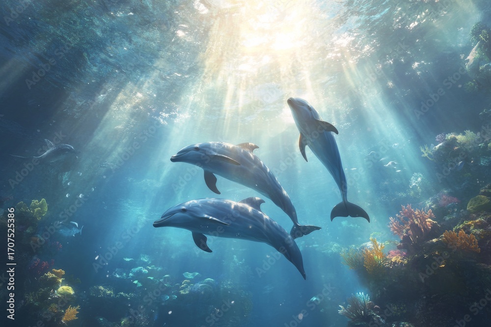 Naklejka premium Serene underwater life with dolphins and coral reefs in sunlit ocean scene