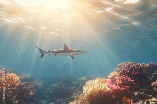 Wallpaper Mural Tranquil underwater scene with shark swimming above vibrant coral reef Torontodigital.ca