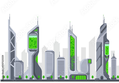 Futuristic Cityscape with Green Energy Towers.