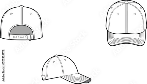 Baseball cap mockup, front back side view, vector hat illustration, snapback design template, fashion accessory, blank cap clipart