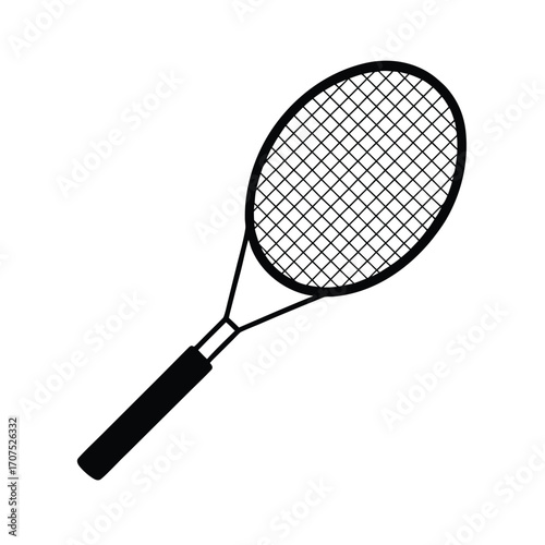 Black silhouette of a tennis racket on a clean white background