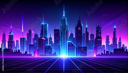 Futuristic cityscape at night, glowing with vibrant neon lights, and a gridded pathway.