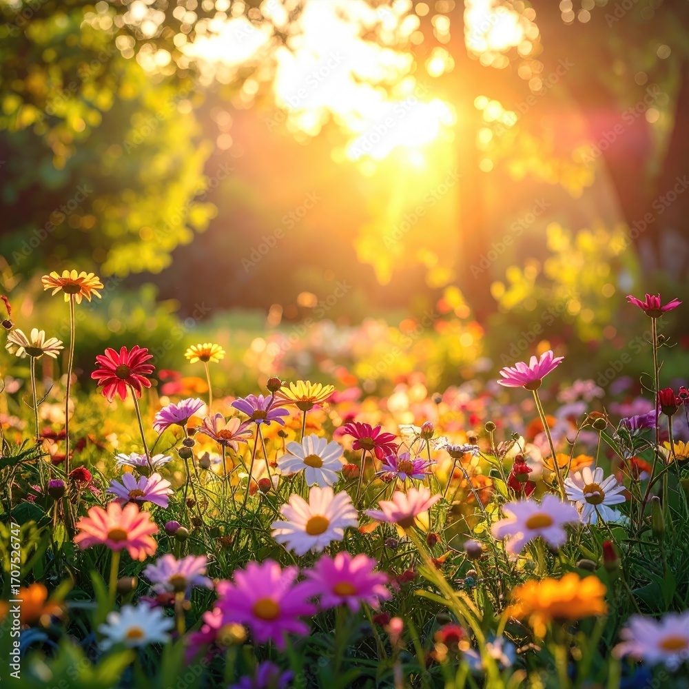 Obraz premium Colorful flower field bathed in golden sunset light