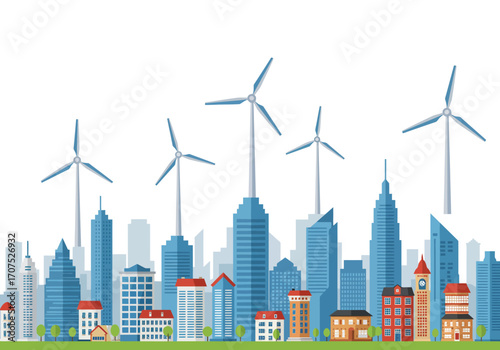 Modern Cityscape with Wind Turbines.
