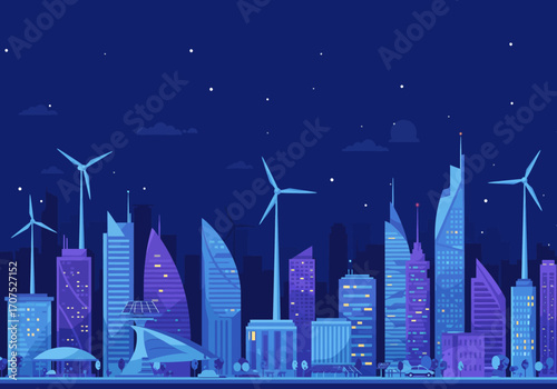 Night Cityscape with Wind Turbines.
