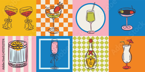 Whimsical hand drawn bar menu illustrations in trendy whimsical style. Perfect doodle for quirky italian wedding holiday, poster, dinner and bar menu, bachelorette party, birthday invitation, sign.