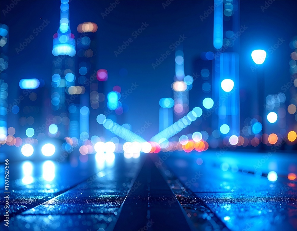 Fototapeta premium ultra realistic neon blue city night bokeh overlay, blurred reflections