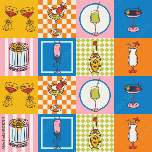 Whimsical hand drawn drinks, cocktails seamless pattern in trendy whimsical style. Perfect  background for quirky italian wedding holiday, poster cards, dinner and bar menu, fabric, wrapping paper.