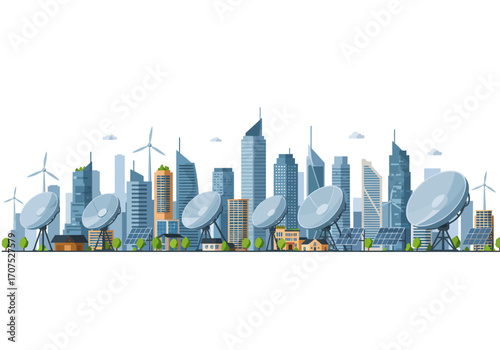 Futuristic Cityscape with Satellite Dishes.