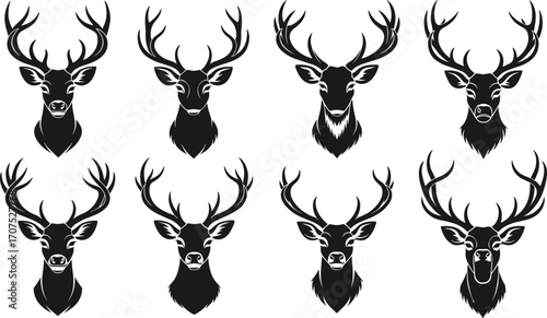 Black and white stylized deer head vector set with antlers, wildlife hunting emblem, rustic nature silhouette, tattoo and logo design