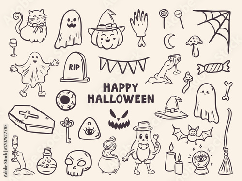 Cute hand-drawn Halloween doodle set with pumpkins, ghosts, bats, candy, and spooky icons. Whimsical and fun elements perfect for party designs, stickers, or trick-or-treat prints