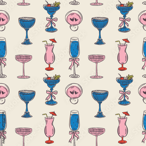 Whimsical hand drawn drinks, cocktails seamless pattern in trendy whimsical style. Perfect  background for quirky italian wedding holiday, poster cards, dinner and bar menu, fabric, wrapping paper.